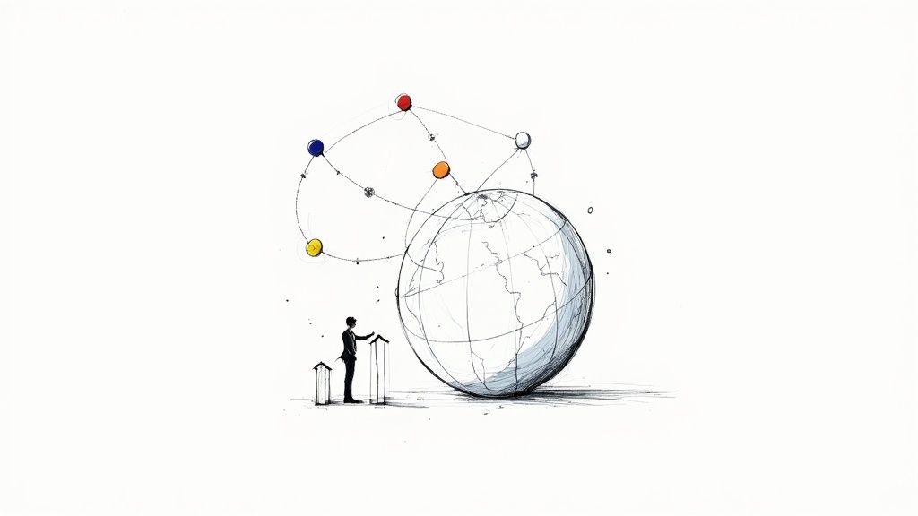 Business professional managing global satellite network connections with digital technology and Earth globe illustration