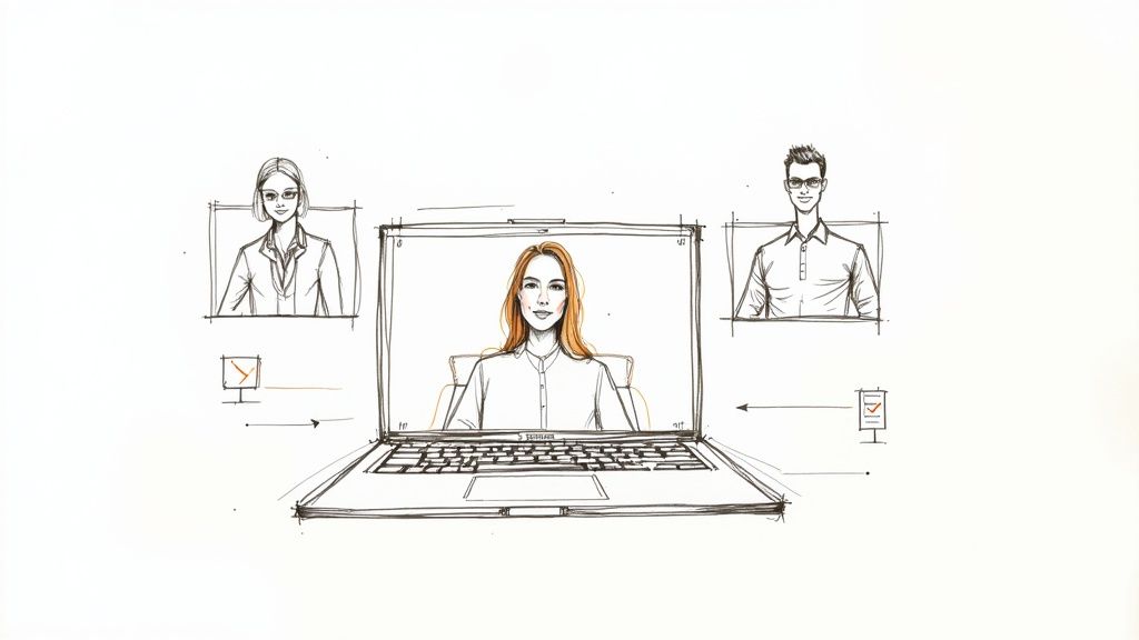 Illustration of laptop showing video conference call with remote team members collaborating online