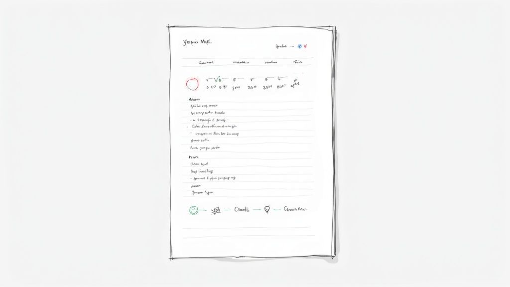 Hand-drawn wireframe sketch of project management dashboard showing timeline, tasks, and collaboration features