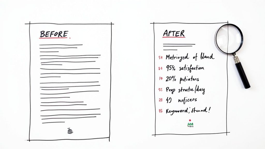 A hand-drawn ‘Before’ paper with lengthy text compared to an ‘After’ paper with concise bullet points, highlighting content optimization.