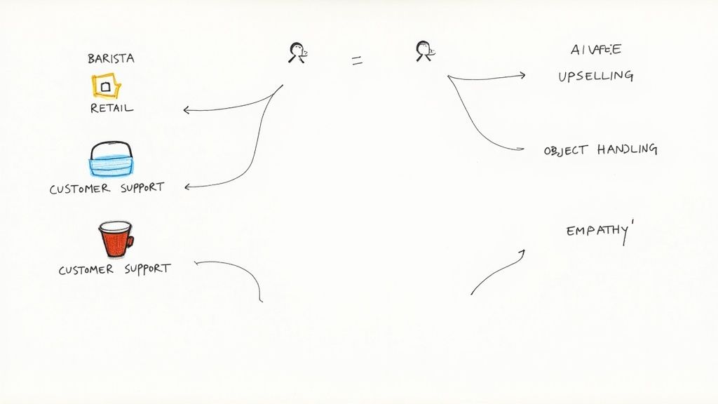 A diagram illustrating the mapping of human job roles like barista and customer support to AI functions and human traits.