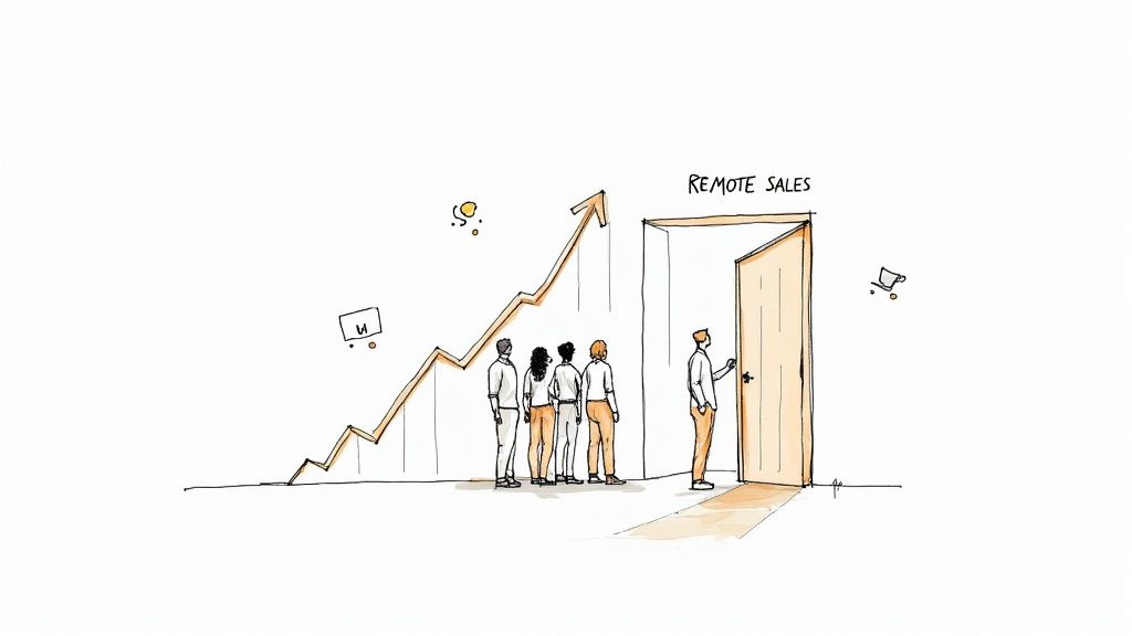 A team of people lining up to enter a door labeled ‘Remote Sales’, with an upward growth chart overhead.