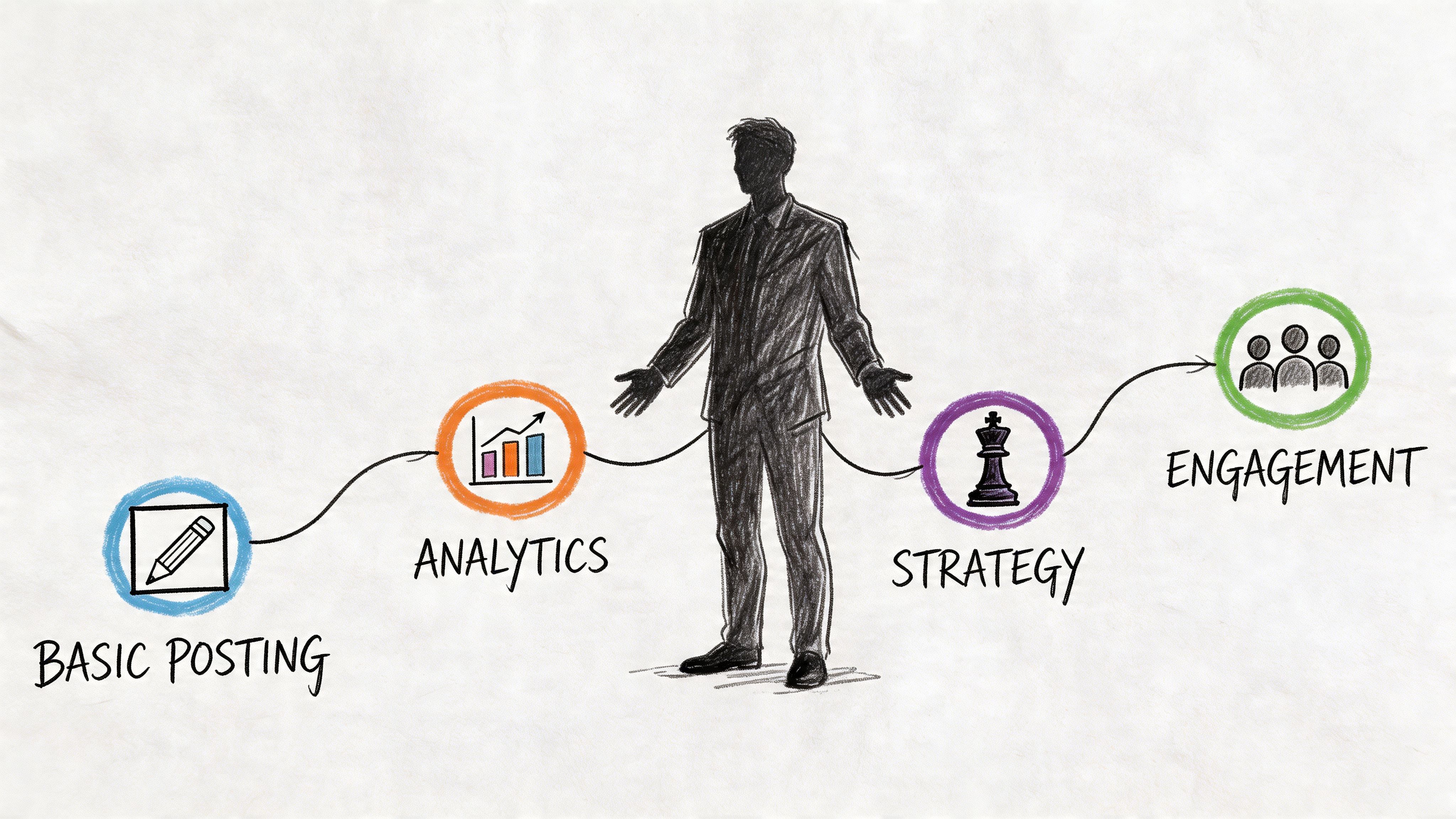 A pencil sketch of a business professional showing steps from basic posting to social media engagement.