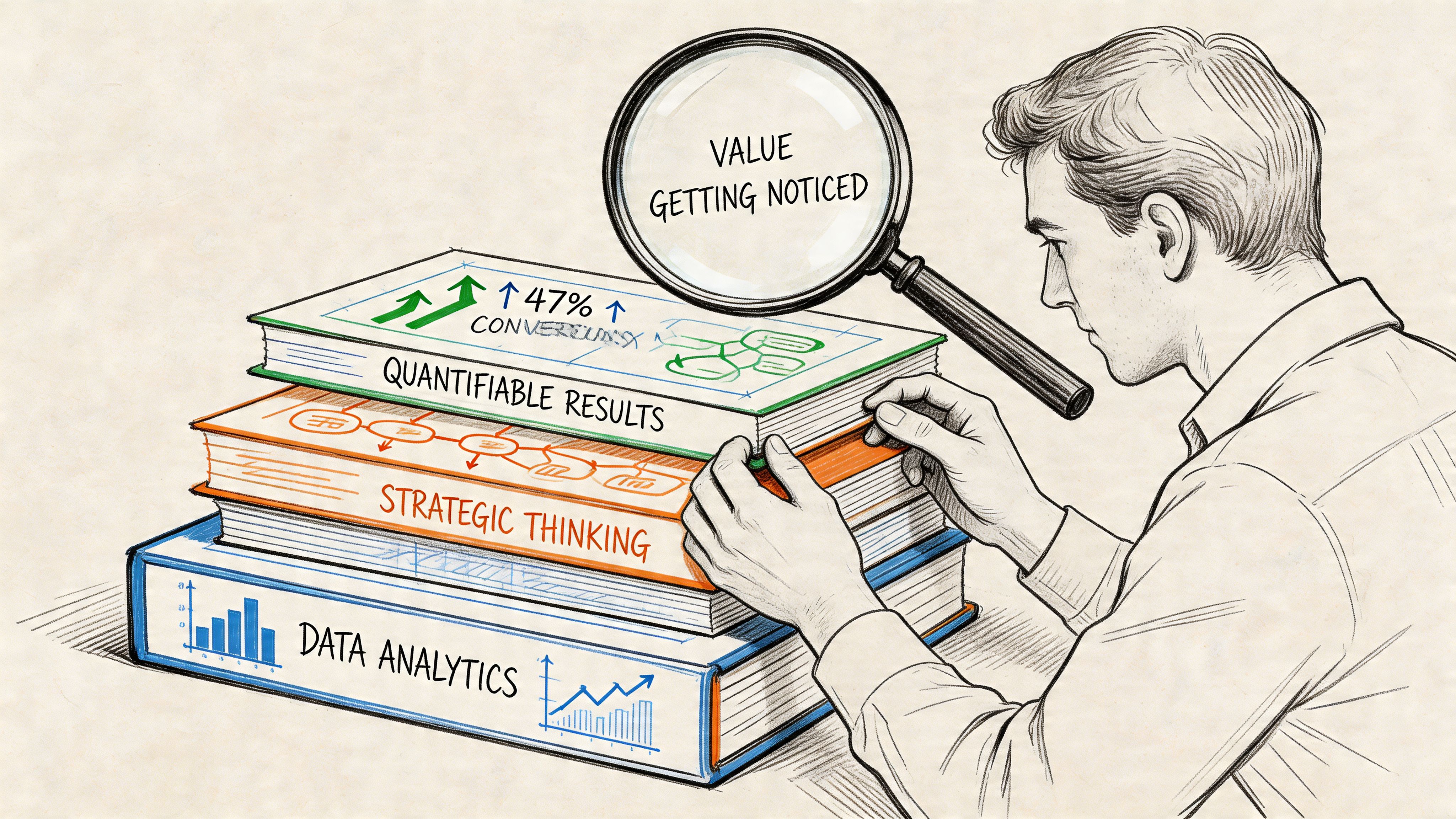 A man examines a stack of books representing data analytics, strategic thinking, and results using a magnifying glass.