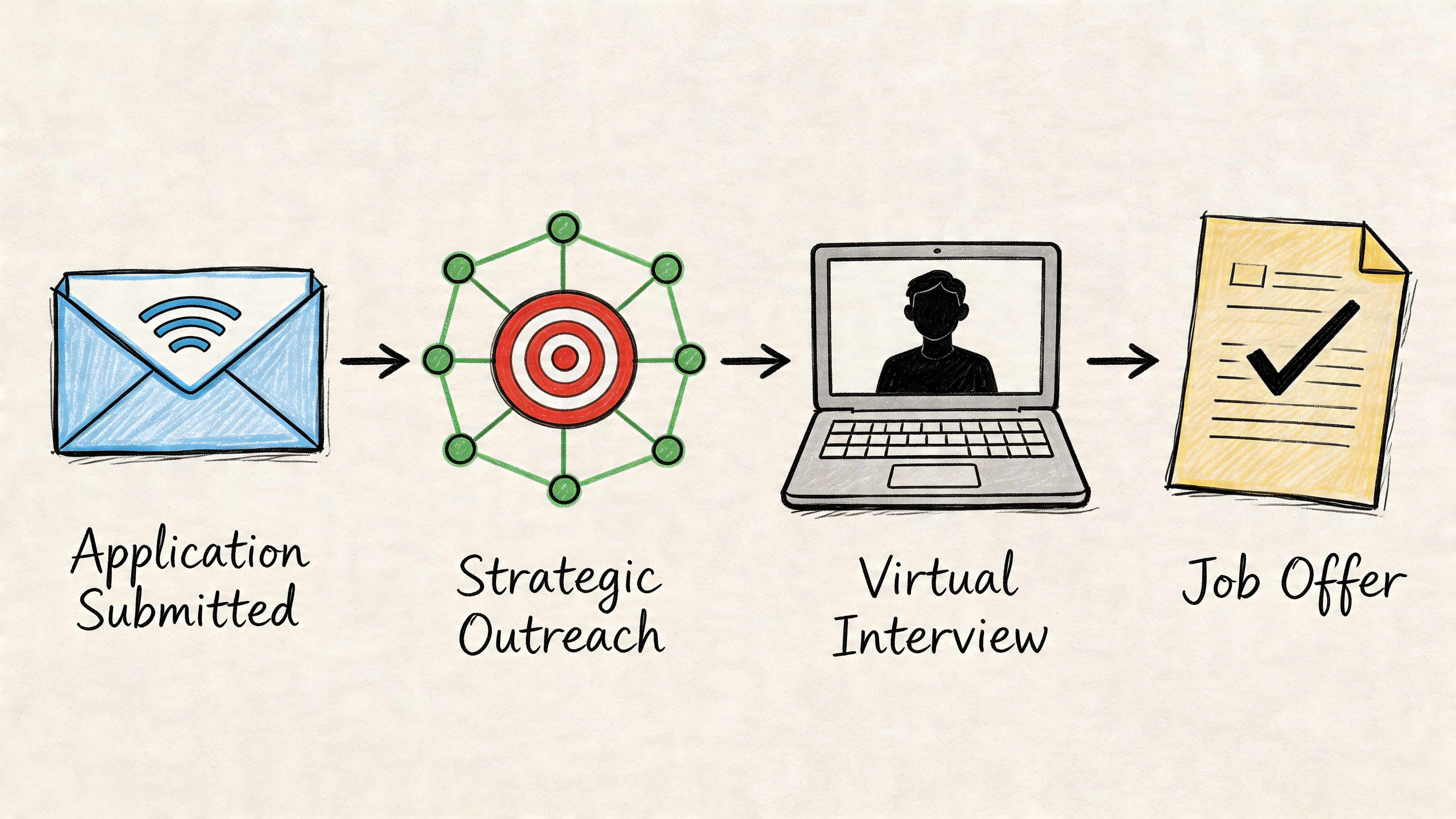 A four-step illustration showing the job application process including submission, networking, interviewing, and receiving an offer.