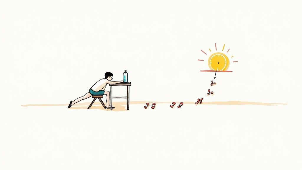A person stretches at a desk with a bottle, small weights scattered, symbolizing consistent daily effort.