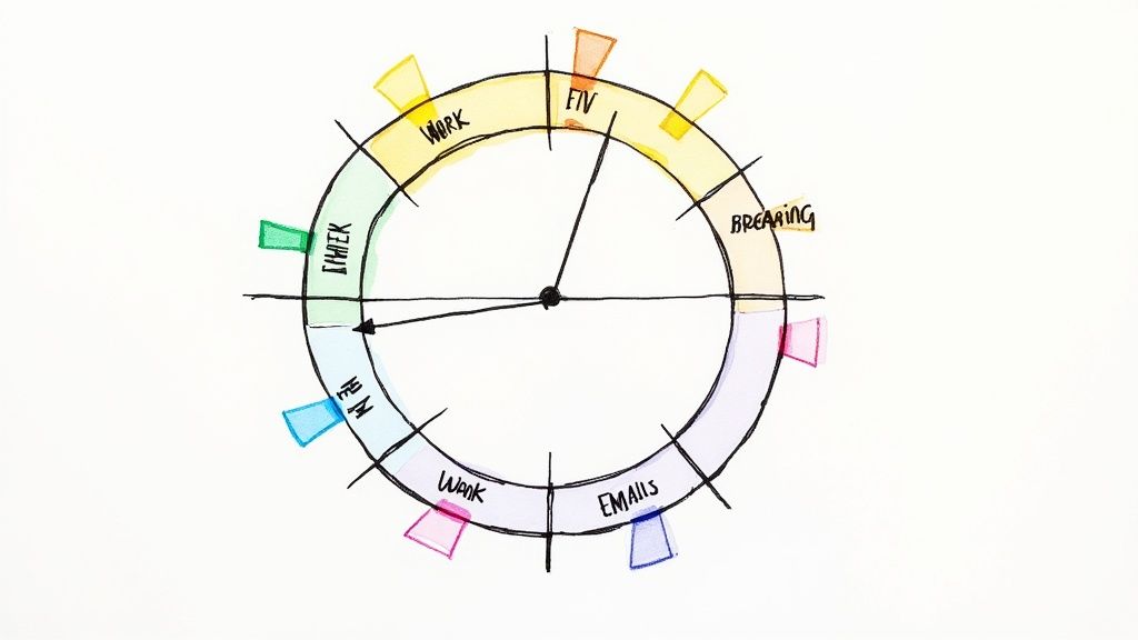 A colorful, hand-drawn circular chart showing a daily schedule with segmented tasks like work, breaks, and emails.