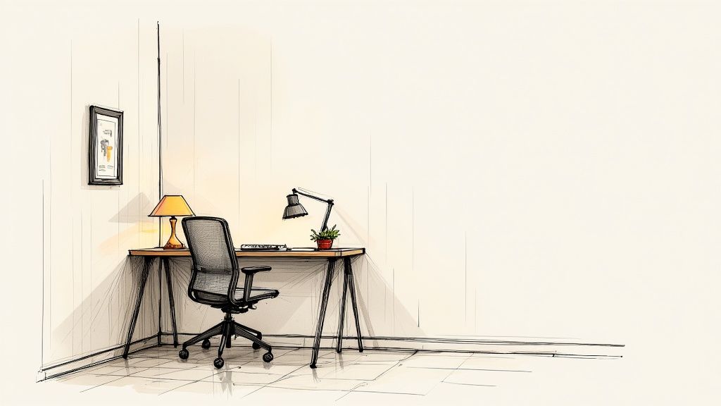 A hand-drawn sketch of a minimalist home office corner with a desk, chair, and two lamps.