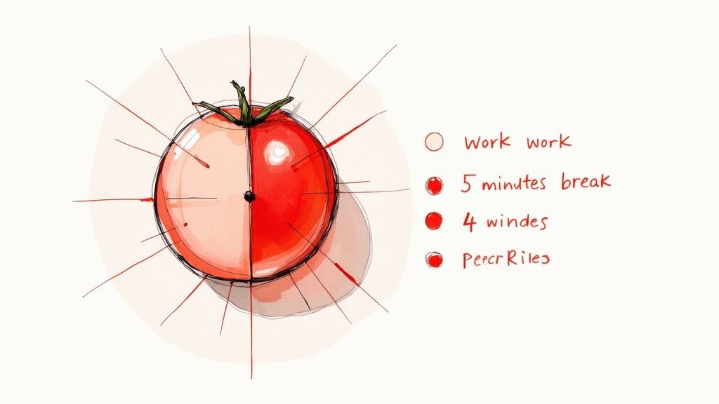 A hand-drawn tomato timer split like a clock, illustrating the Pomodoro Technique with work and break notes.