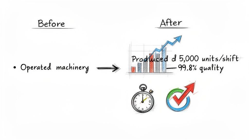 Infographic showing before and after improvements in machinery operation, leading to higher production and quality.