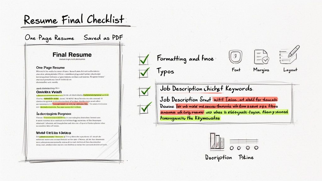 A detailed resume final checklist featuring formatting, typos, keywords, and layout options for a one-page PDF.