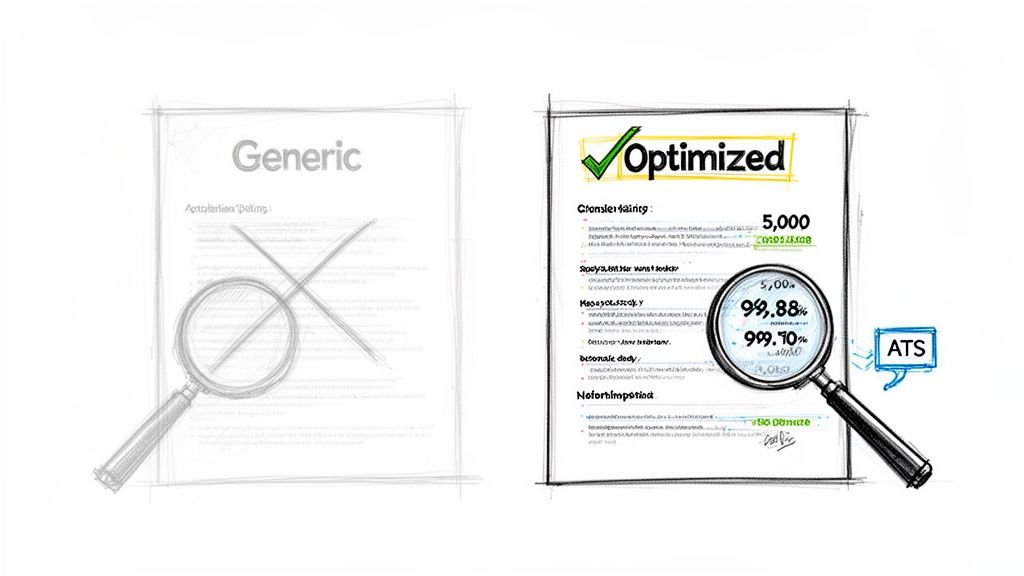 Comparison of a generic resume with an ‘X’ versus an ATS-optimized resume with a checkmark and high scores.