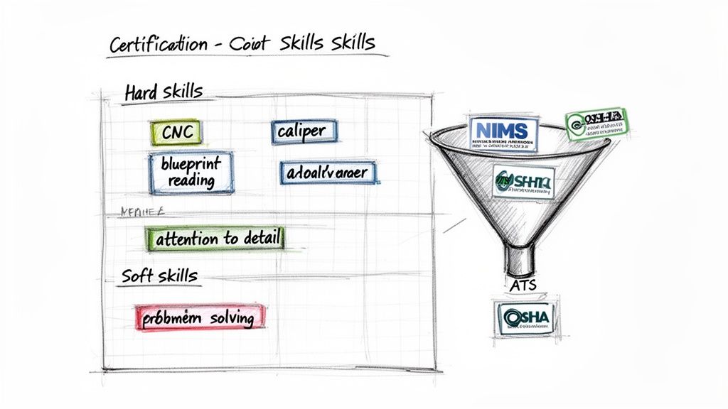 Diagram showcasing hard and soft skills for certification, including technical abilities, problem-solving, and industry standards.