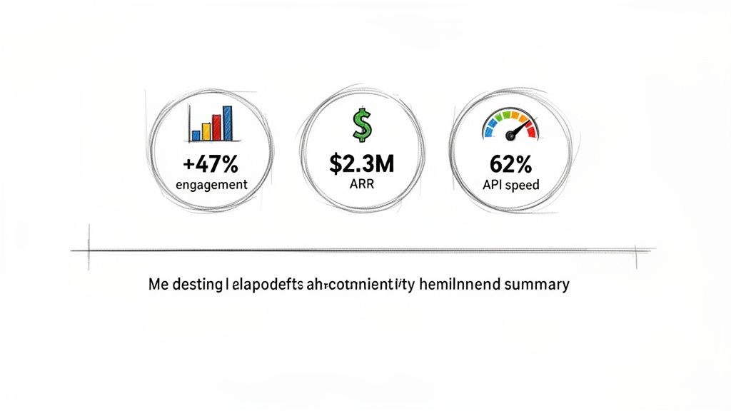 Three infographic circles showing +47% engagement, $2.3M ARR, and 62% API speed metrics.