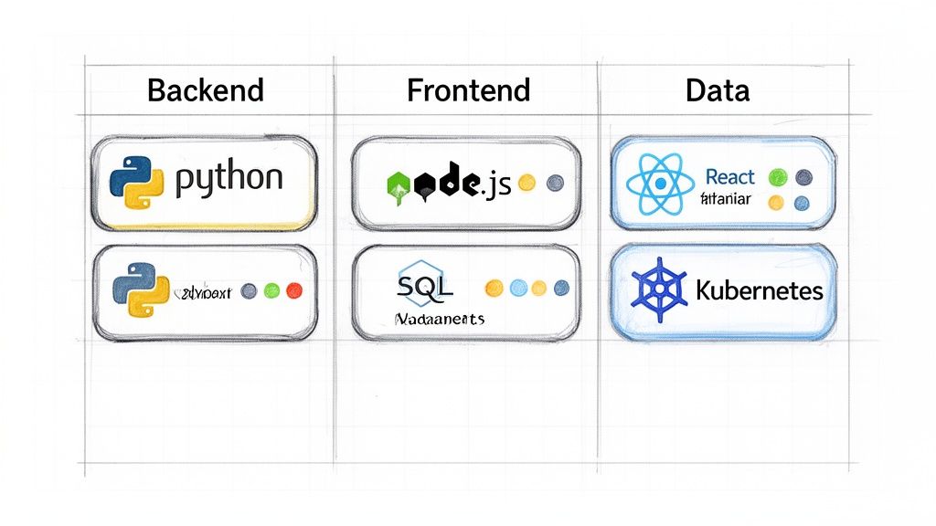 A hand-drawn diagram showing a categorized tech stack with backend, frontend, and data technologies.