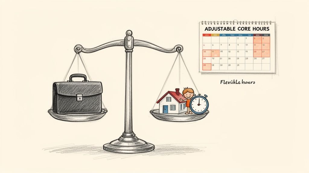 Hand-drawn scale balancing a briefcase and home life (house, person, clock), symbolizing work-life balance with ‘Flexible hours’.