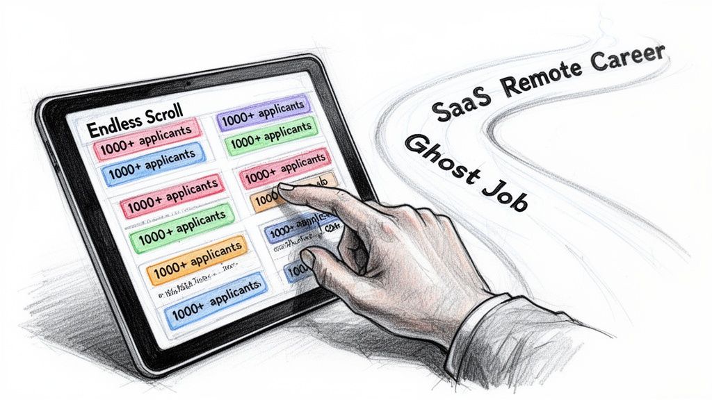 A hand scrolling through job listings on a tablet showing numerous job postings with over 1000 applicants.