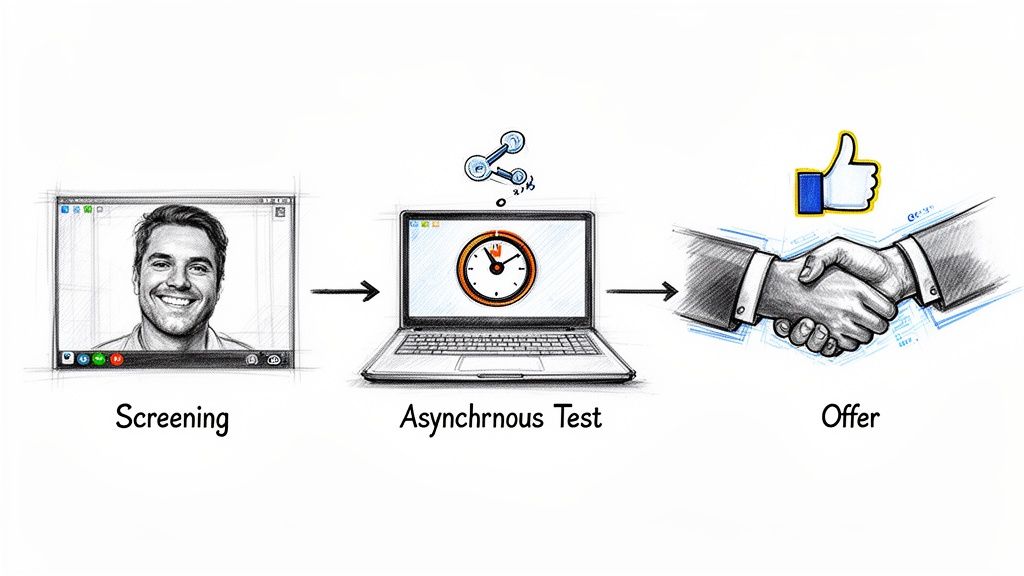A diagram illustrating the remote hiring process starting with a screening call, followed by asynchronous testing, and ending with an offer.