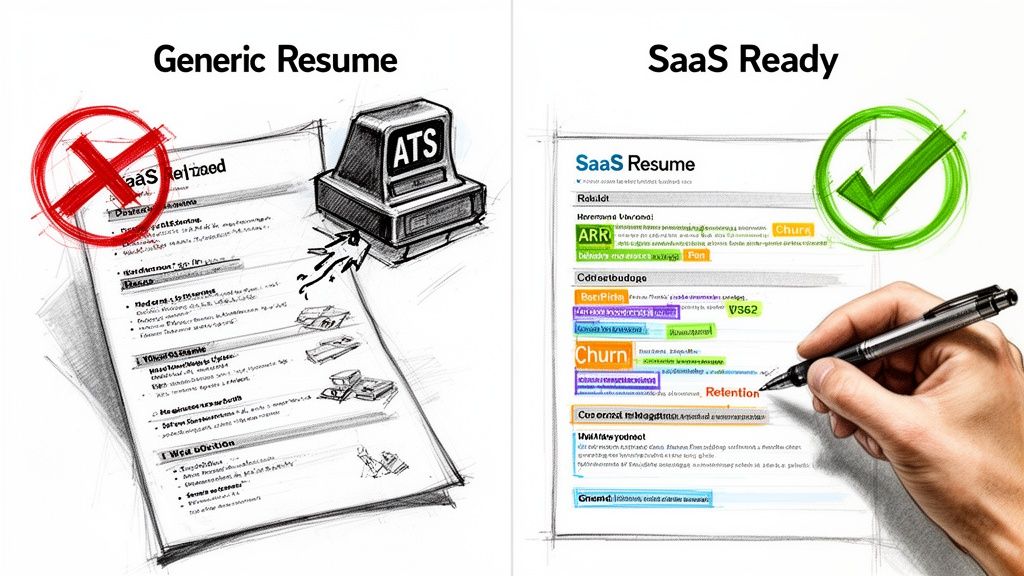 A comparison illustration showing a generic resume being rejected by an ATS versus a SaaS-ready resume.