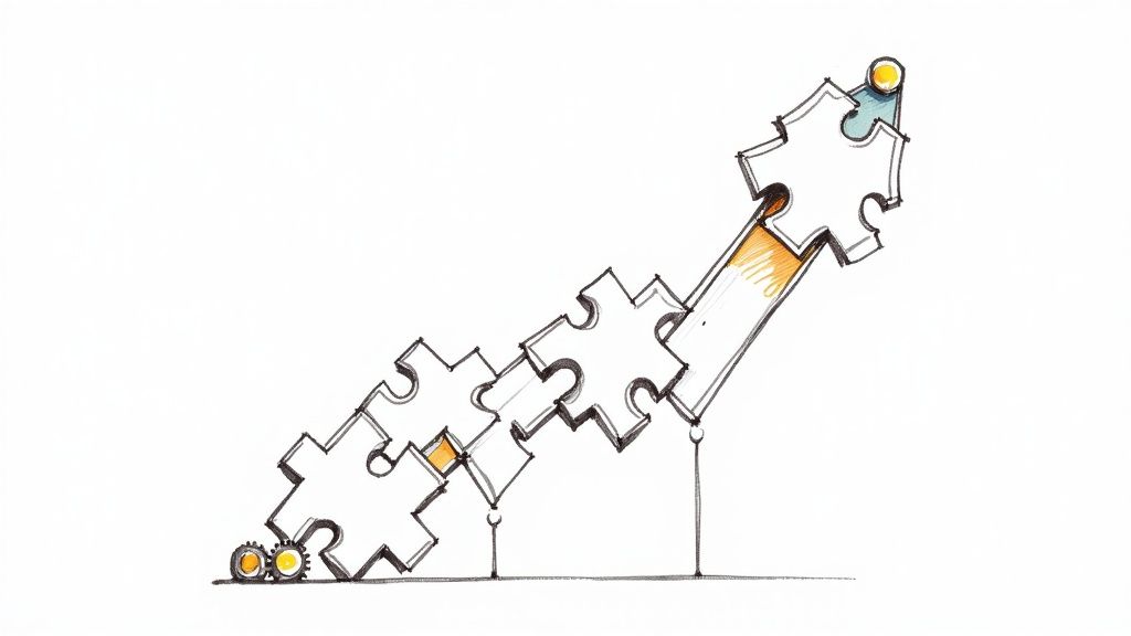 Puzzle pieces forming an upward arrow, symbolizing growth, progress, and problem-solving.