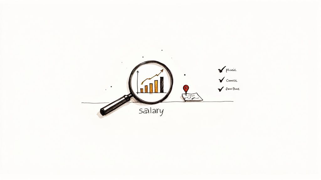 Magnifying glass over a salary growth chart with finance and counsel checklist.