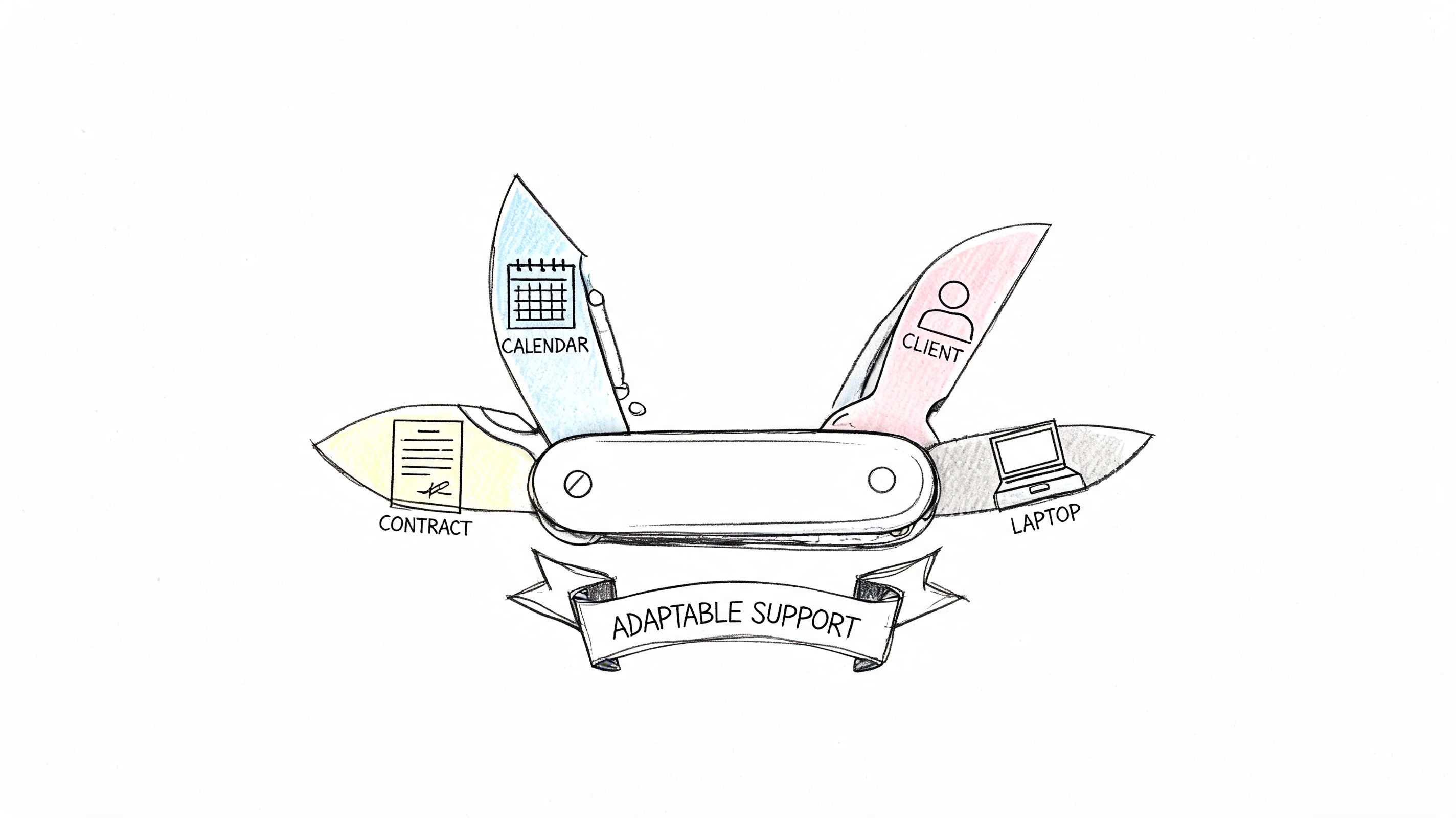A hand-drawn illustration of a Swiss Army knife with icons representing calendar, client, contract, and laptop.