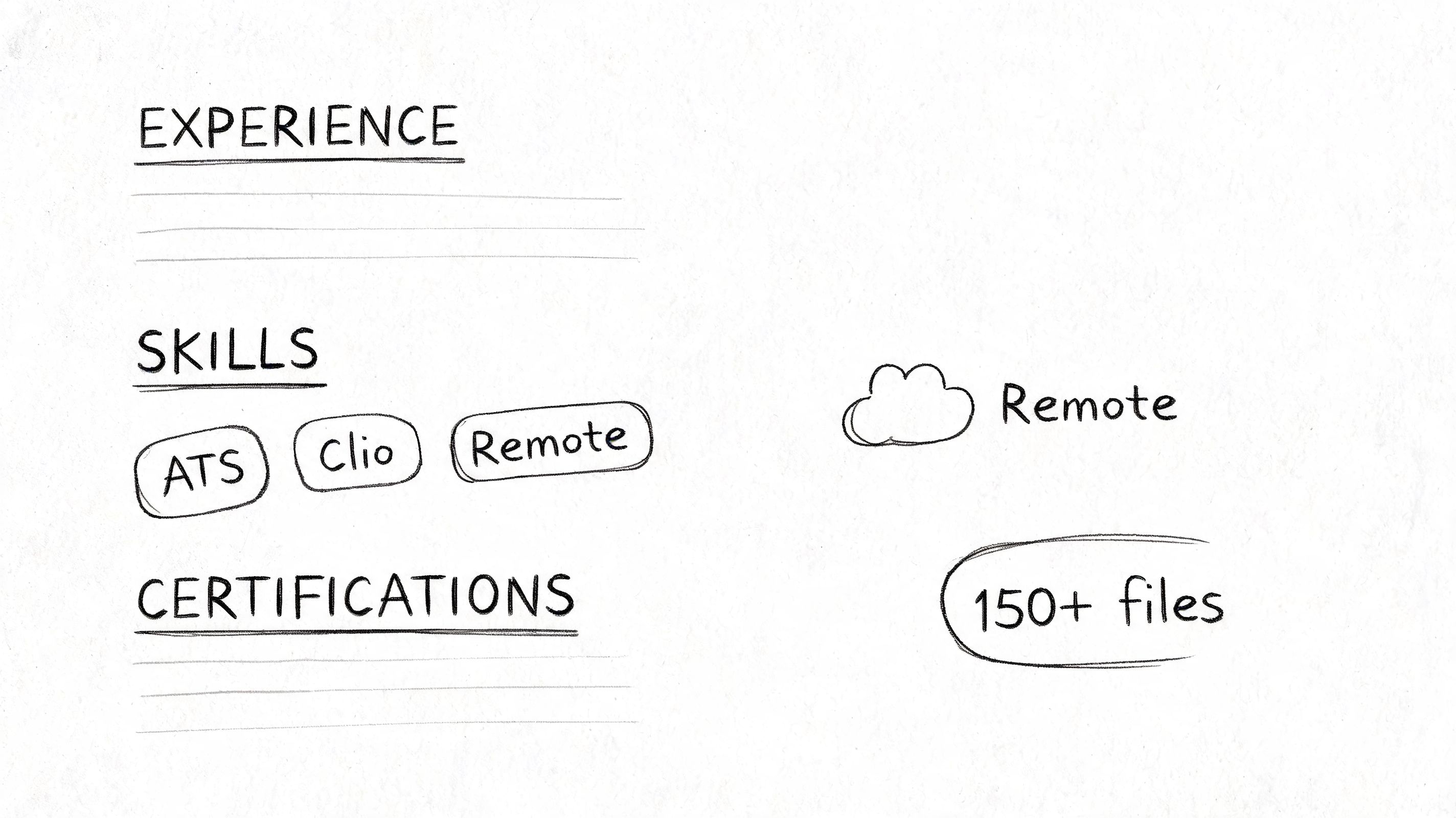 A hand-drawn sketch of a resume layout featuring sections for experience, skills, certifications, and remote work keywords.