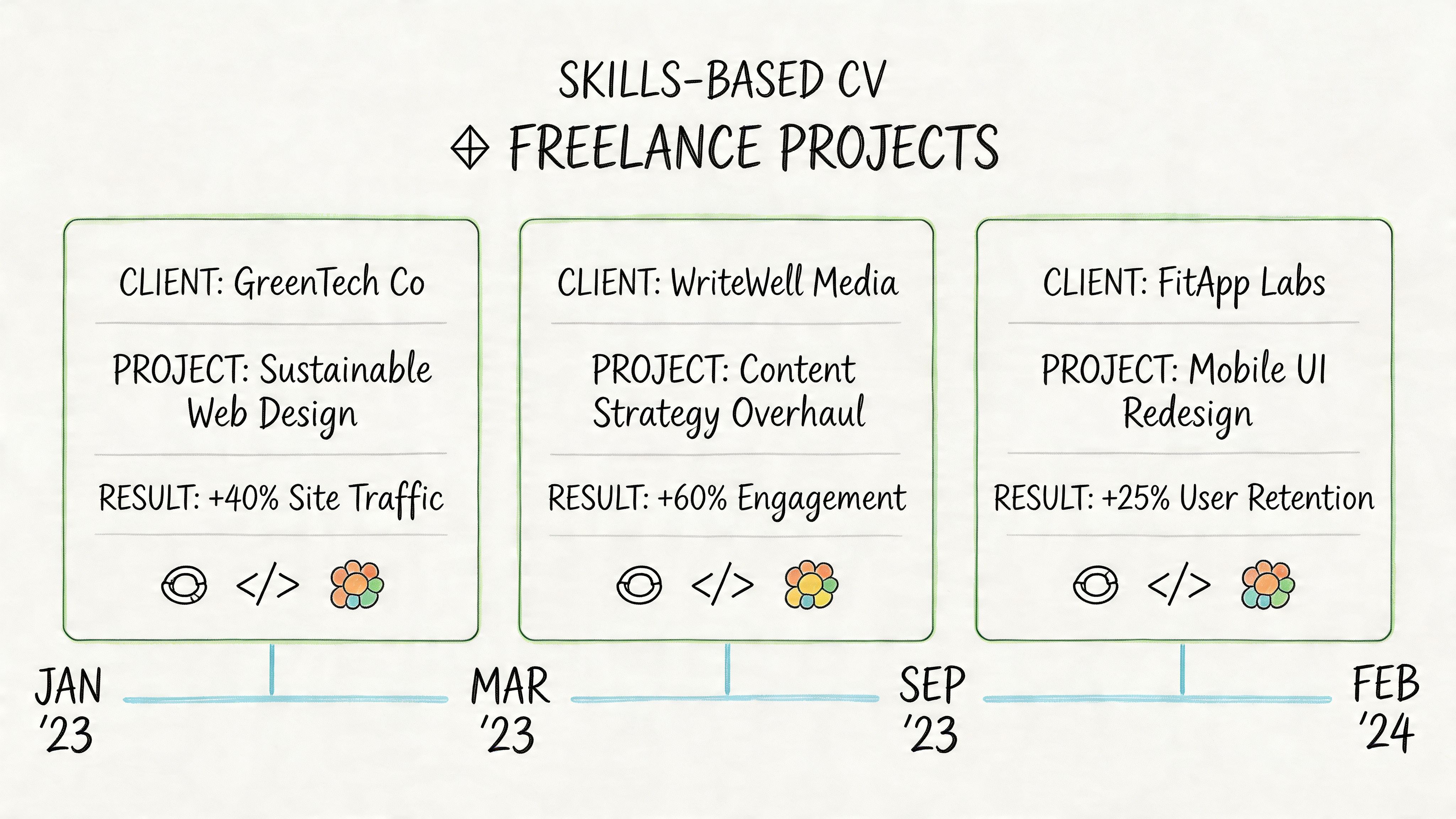 A visual timeline displaying a skills-based freelance resume with project client names, descriptions, and measurable results.
