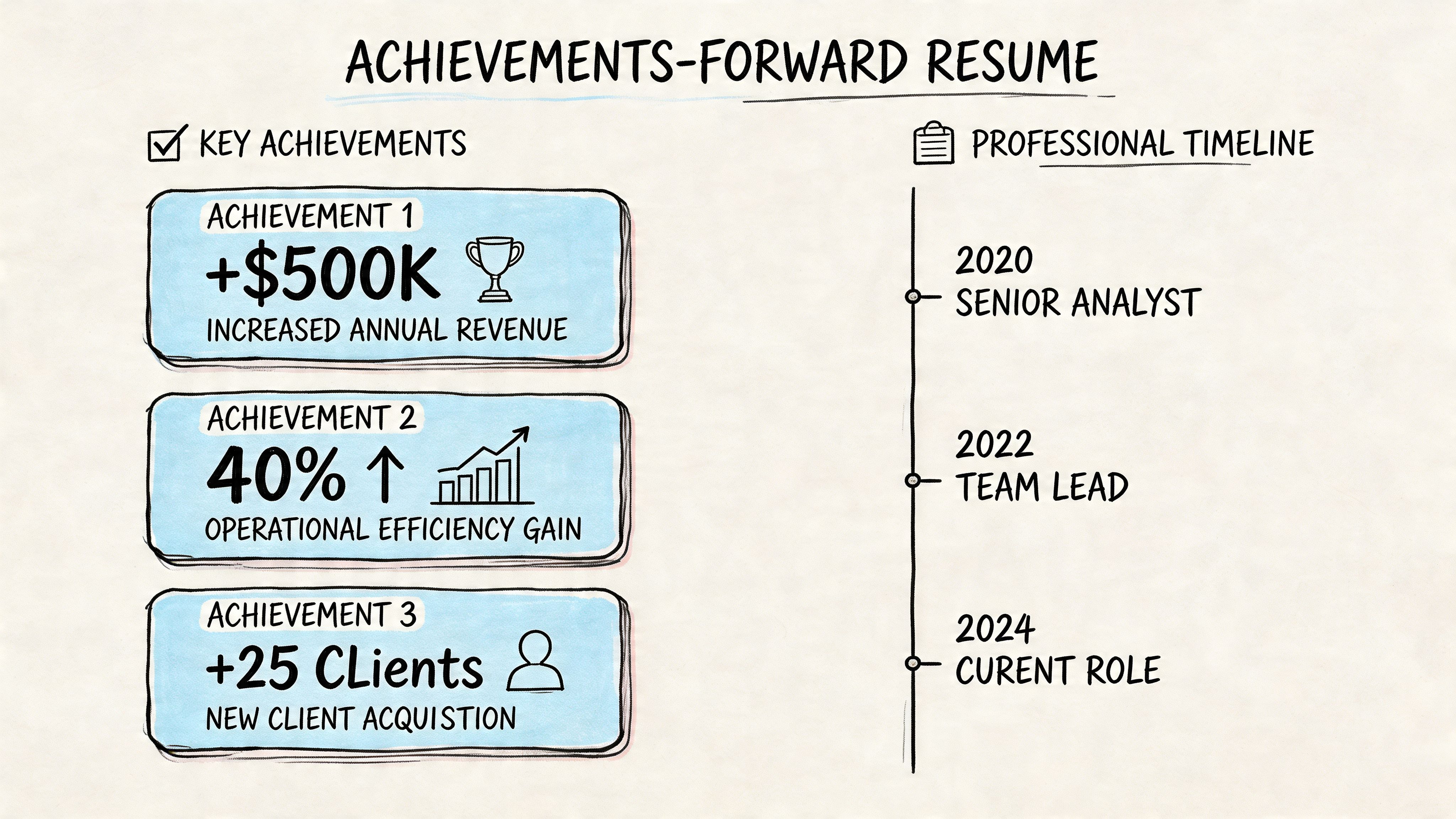 A visual guide illustrating an achievements-forward resume structure with key accomplishments and a professional career timeline.