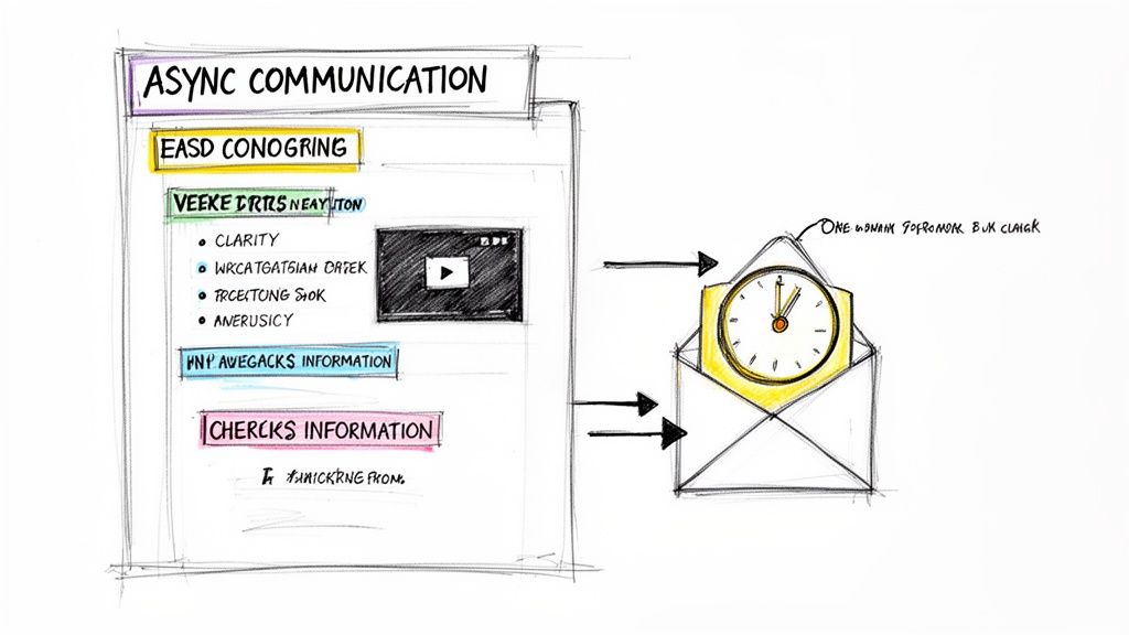Hand-drawn diagram illustrating asynchronous communication with a message structure and a time-delayed envelope.