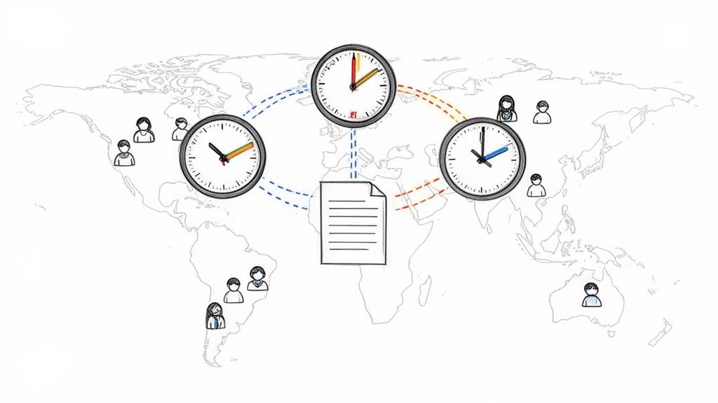 World map illustrating global teams collaborating across different time zones on a central document.