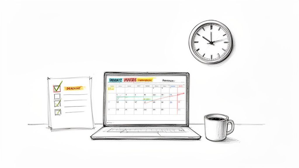 Sketch of a workspace with a laptop displaying a calendar, a deadline checklist, and a wall clock.