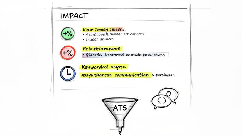 Hand-drawn sketch illustrating ‘IMPACT’ with percentages, time, async communication, and an ATS funnel.