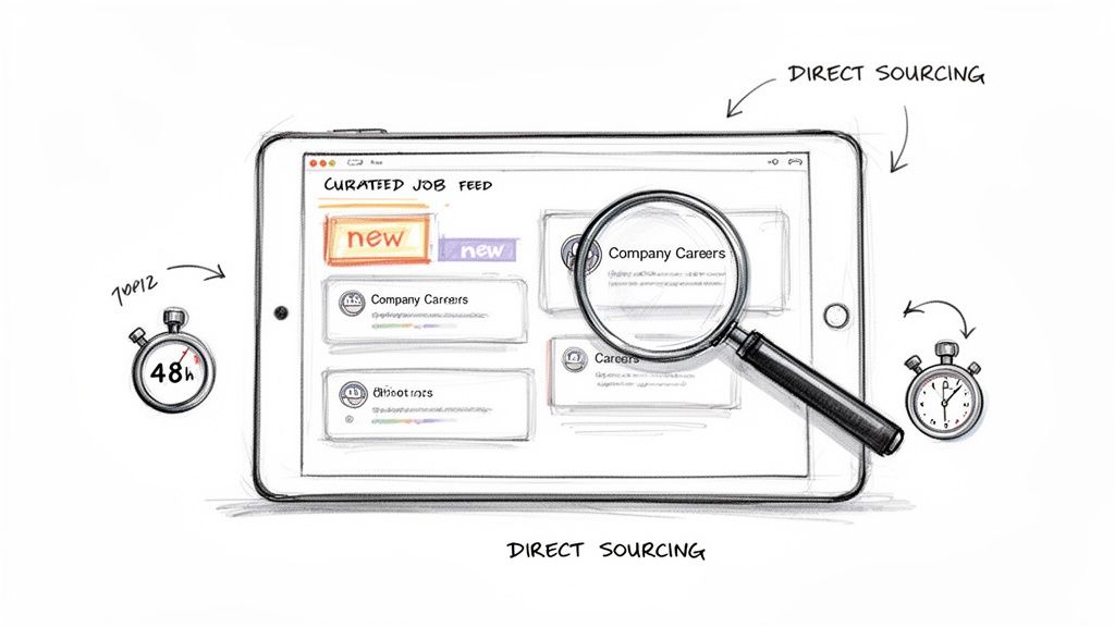 Sketch of a tablet showing a curated job feed, magnifying glass, direct sourcing, and time indicators.