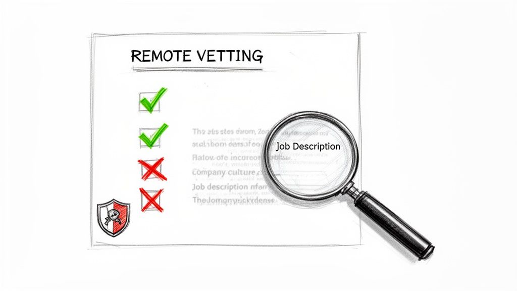 A checklist for remote vetting with checks, crosses, and a magnifying glass over a job description.