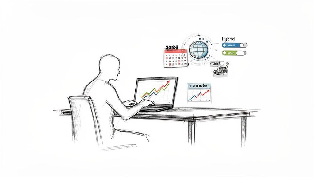 Sketch of person working on laptop, with charts, calendar, globe, and icons for hybrid and remote work.