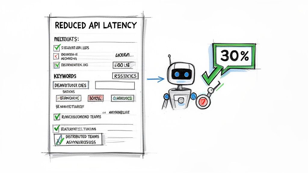 A robot achieves 30% reduced API latency based on a whiteboard checklist of optimization strategies.