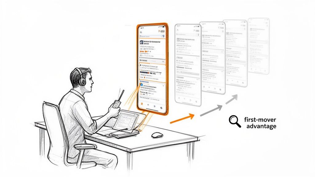 Illustration of a person using a device and laptop, with a smartphone showing a feed and screens highlighting first-mover advantage.