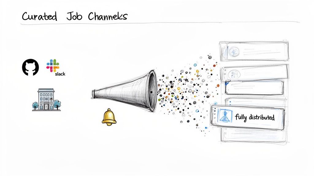 Diagram illustrating curated job channels, featuring GitHub, Slack, companies, a megaphone, and remote job listings.