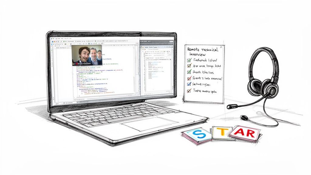 Sketch of a remote technical interview setup with a laptop, code, headset, checklist, and STAR tiles.