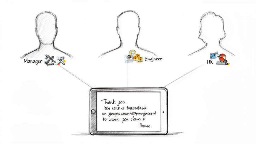 Three professional roles, Manager, Engineer, HR, connected to a tablet with a thank you note.