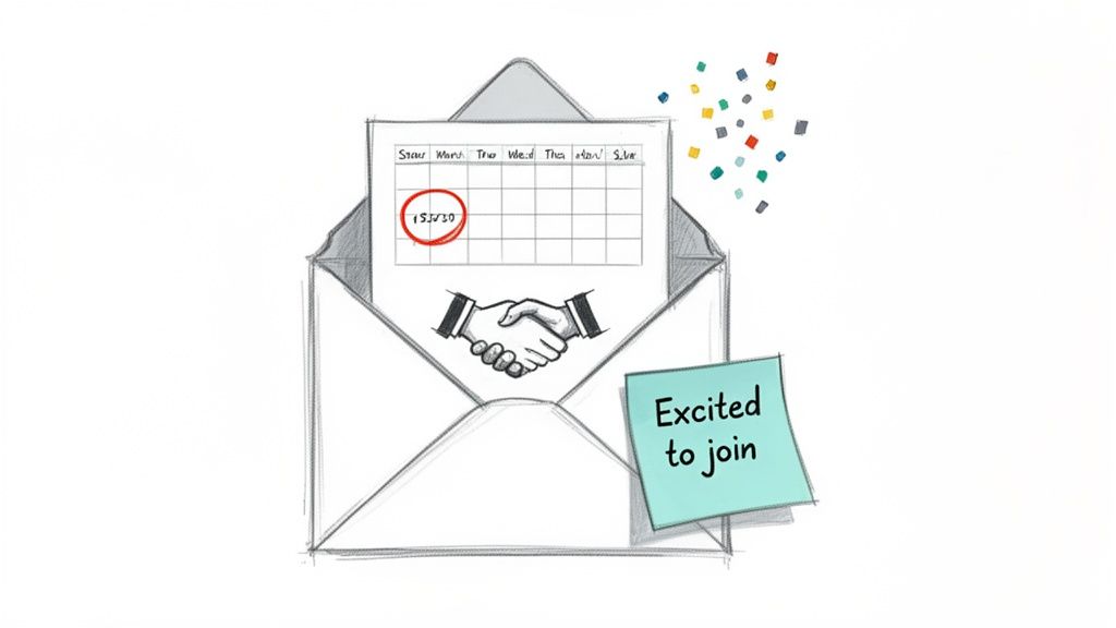 Sketch of an open envelope showing a calendar, handshake, and ‘Excited to join’ note, symbolizing a job offer.