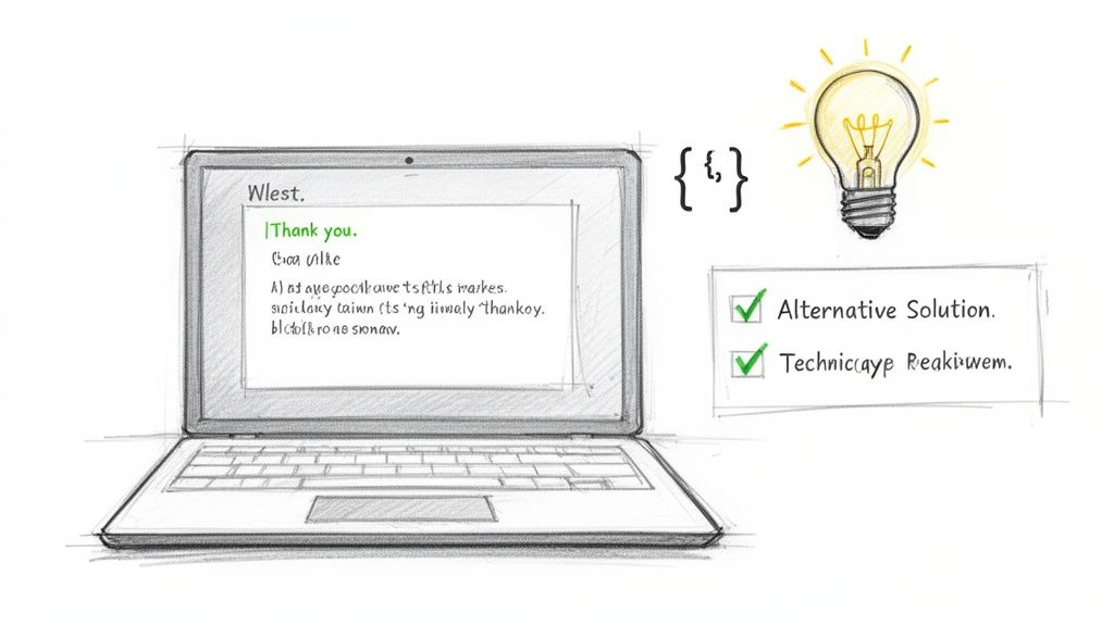 A sketch of a laptop displaying a ‘Thank you’ message, a lightbulb, and checked solution items.