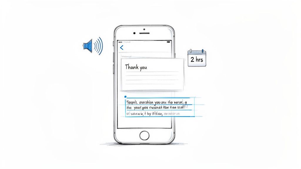 A hand-drawn smartphone screen displays a ‘Thank you’ message, alongside a speaker icon and a ‘2 hrs’ calendar.