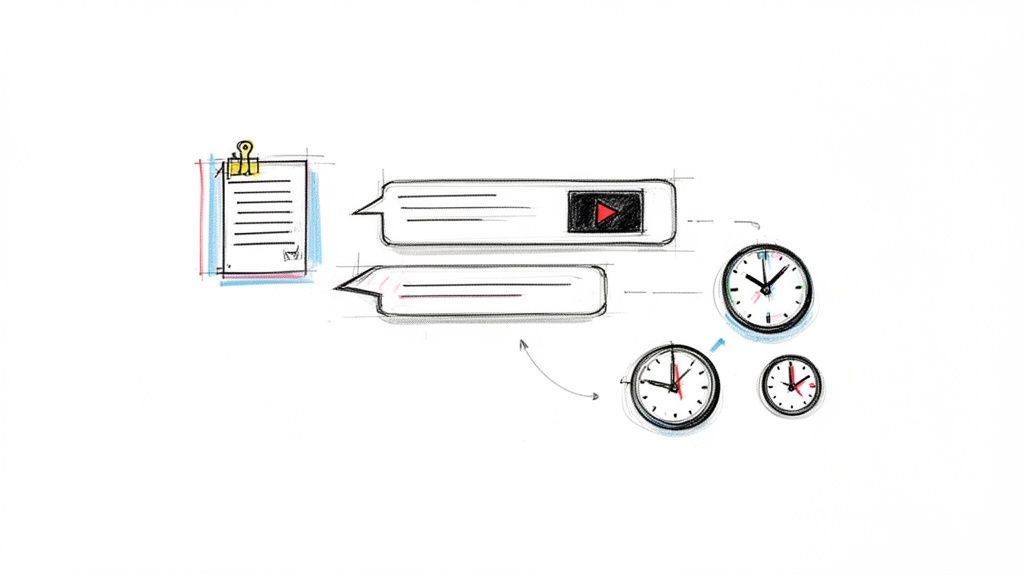 A document, chat messages with video, and multiple clocks illustrating a communication workflow.