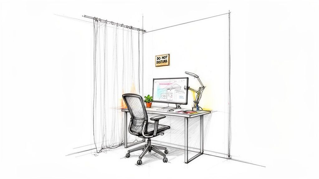 A detailed sketch of a modern home office setup with a desk, chair, computer, and a ‘DO NOT DISTURB’ sign.