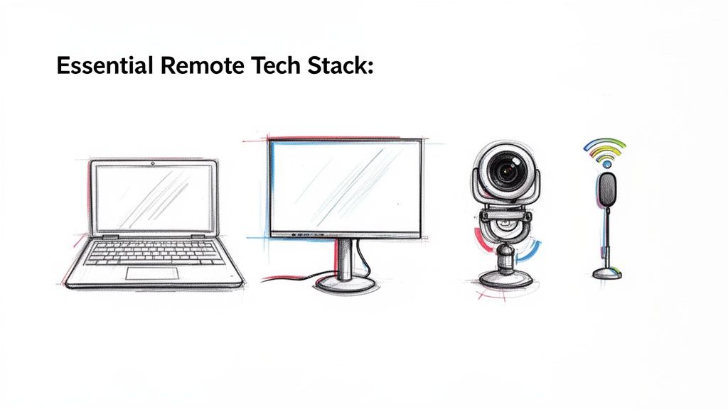 Sketches of essential remote work tech: a laptop, monitor, webcam, and microphone.