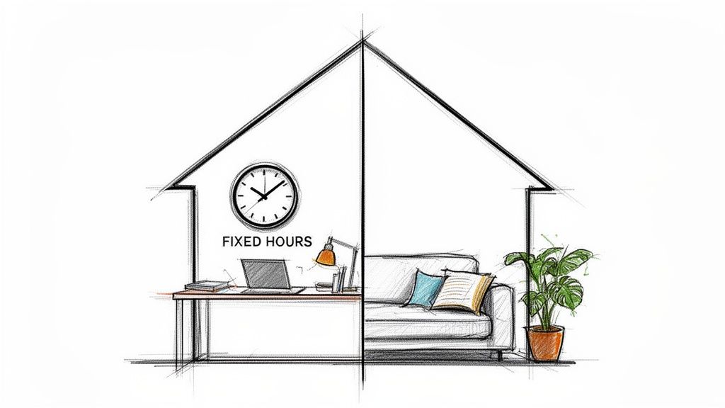 A house outline illustrating a home office with fixed hours and a relaxing living area, symbolizing work-life balance.