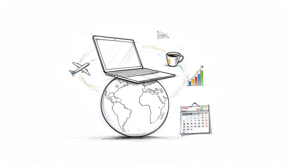 Illustration depicting global remote work with laptop on globe, airplane, coffee, business charts, and calendar.
