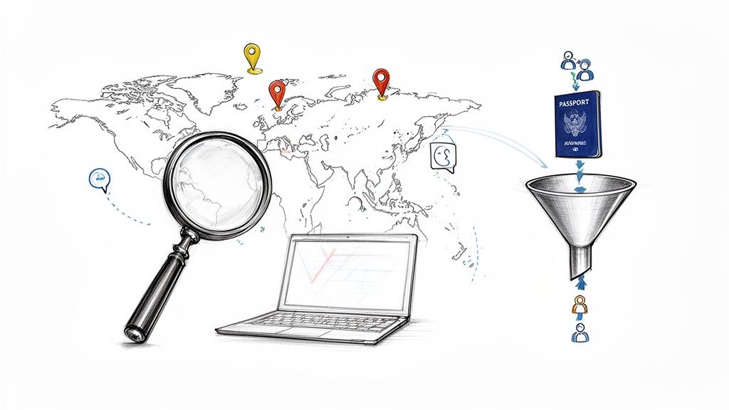 Sketch illustrating global travel, data analysis, and a passport-based process with a world map, laptop, and funnel.